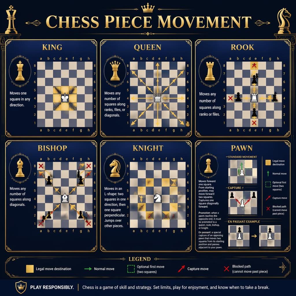 Royal blue and gold infographic grid with 6 chess piece movement cards: king, queen, rook, bishop, knight, pawn.