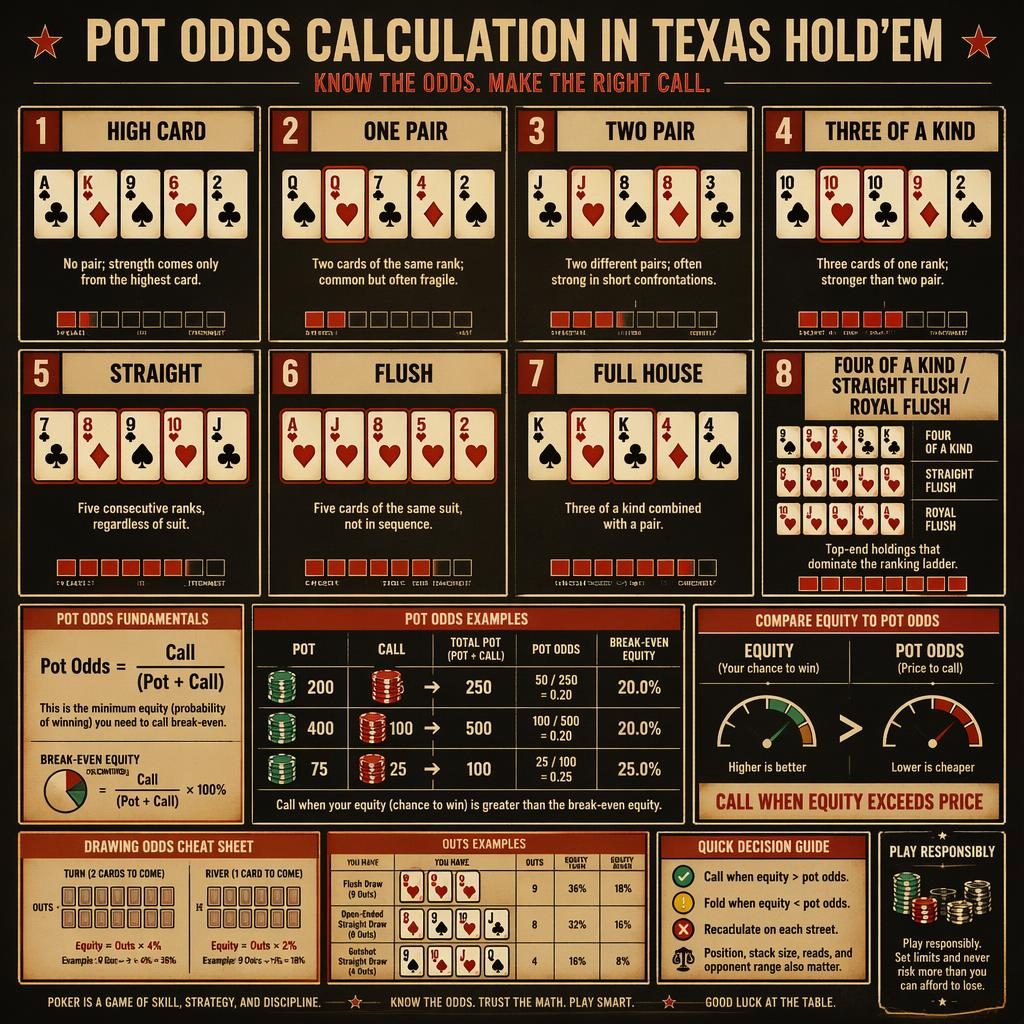 Vintage poker infographic grid showing no limit hold em hand rankings with pot odds formulas, chips, arrows, and draw examples.