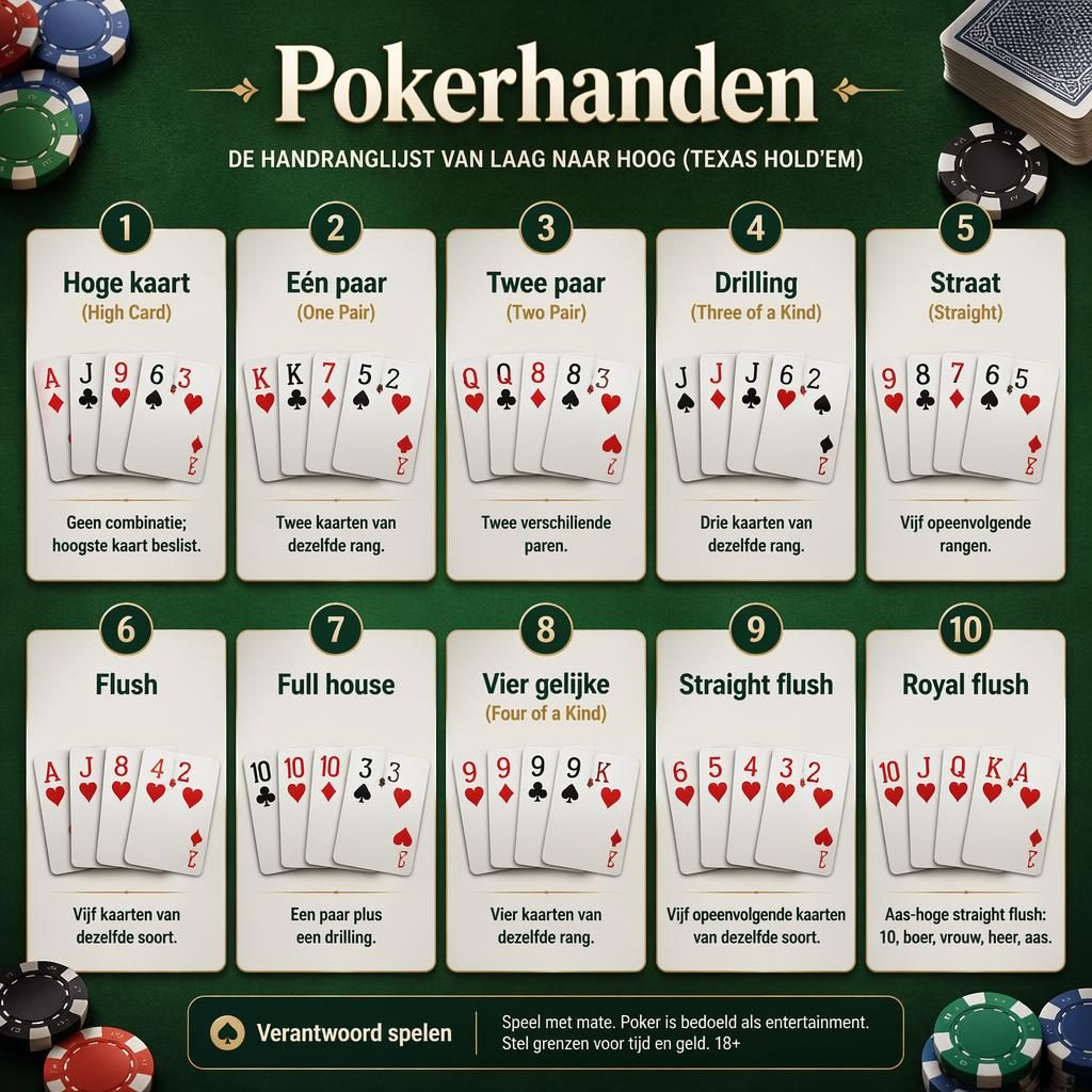 Infographic met 10 pokerhanden in raster op groene vilten tafel, van hoge kaart tot royal flush, met fiches en Nederlandse labels.