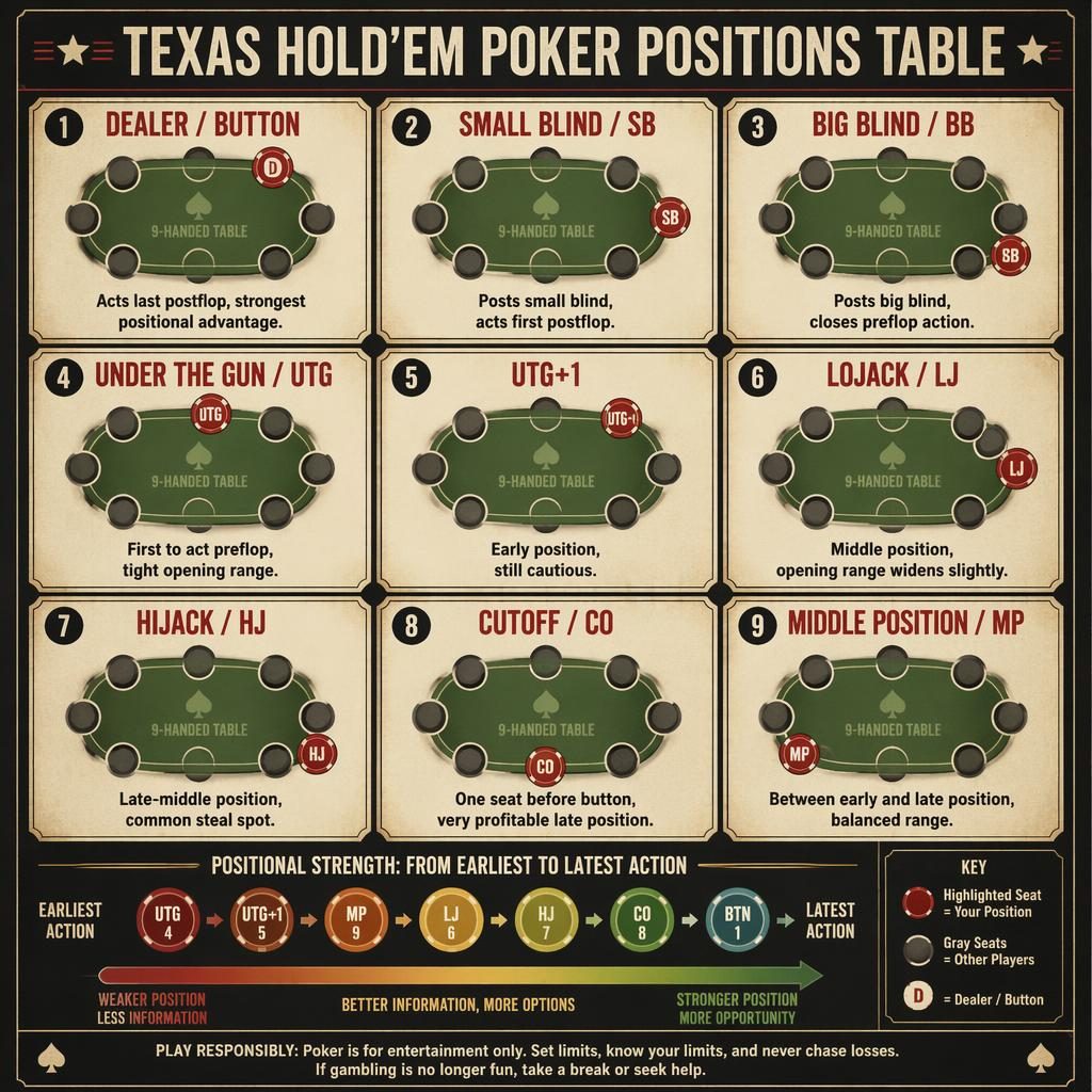 Vintage-style 3x3 card grid infographic of 9 Texas Hold'em positions with seat diagrams, labels, descriptions, and strength scale.