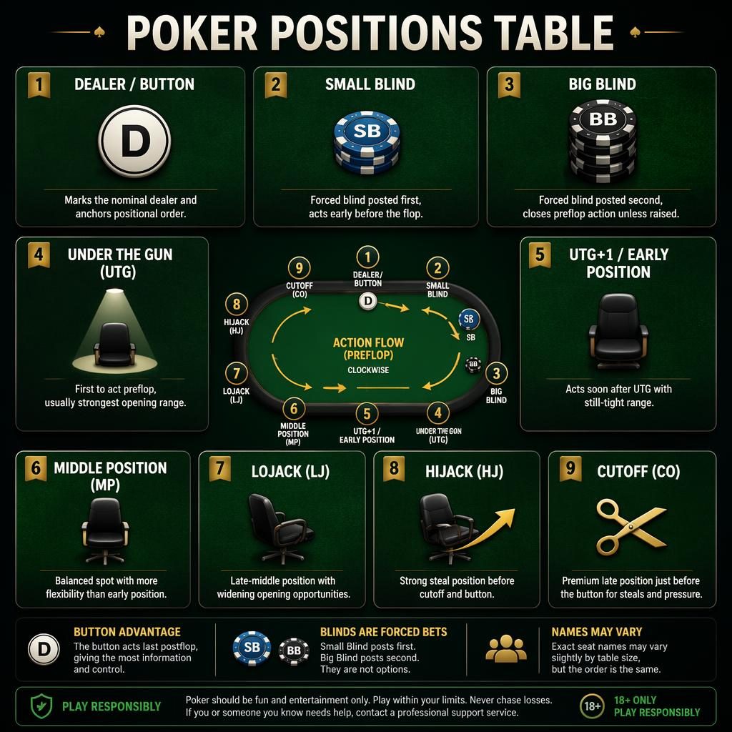 Dark mode 3x3 card grid infographic of poker table positions with icons, green felt texture, mini table diagram, and notes.