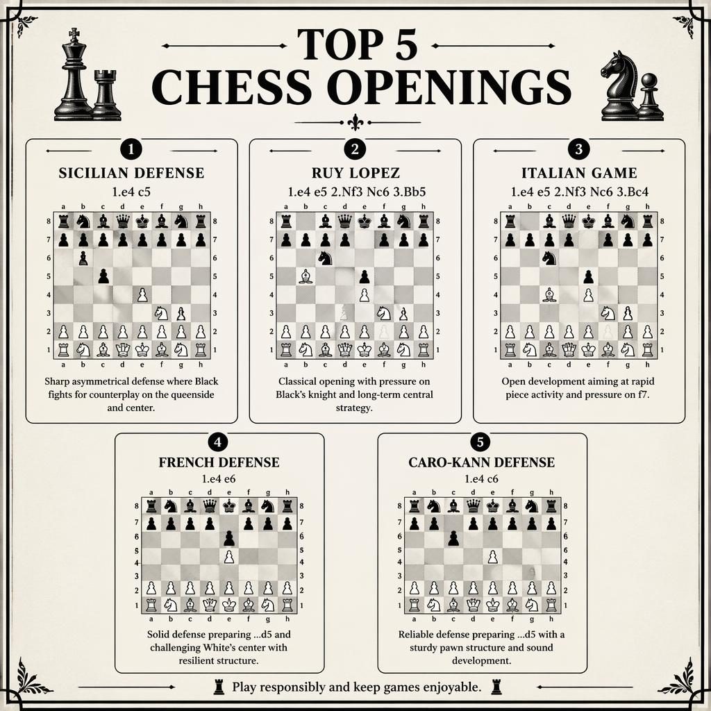 Black-and-white infographic grid of 5 chess opening cards with board diagrams, names, move lines, descriptions, and footer note.