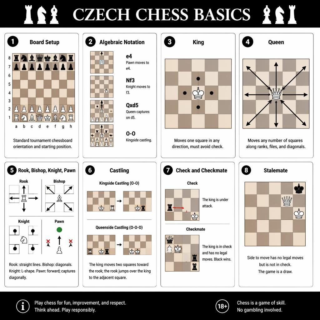 Minimalistická šachová infografika s 8 kartami, diagramy tahu figur, rošádou, matem a patem v černobílém stylu.
