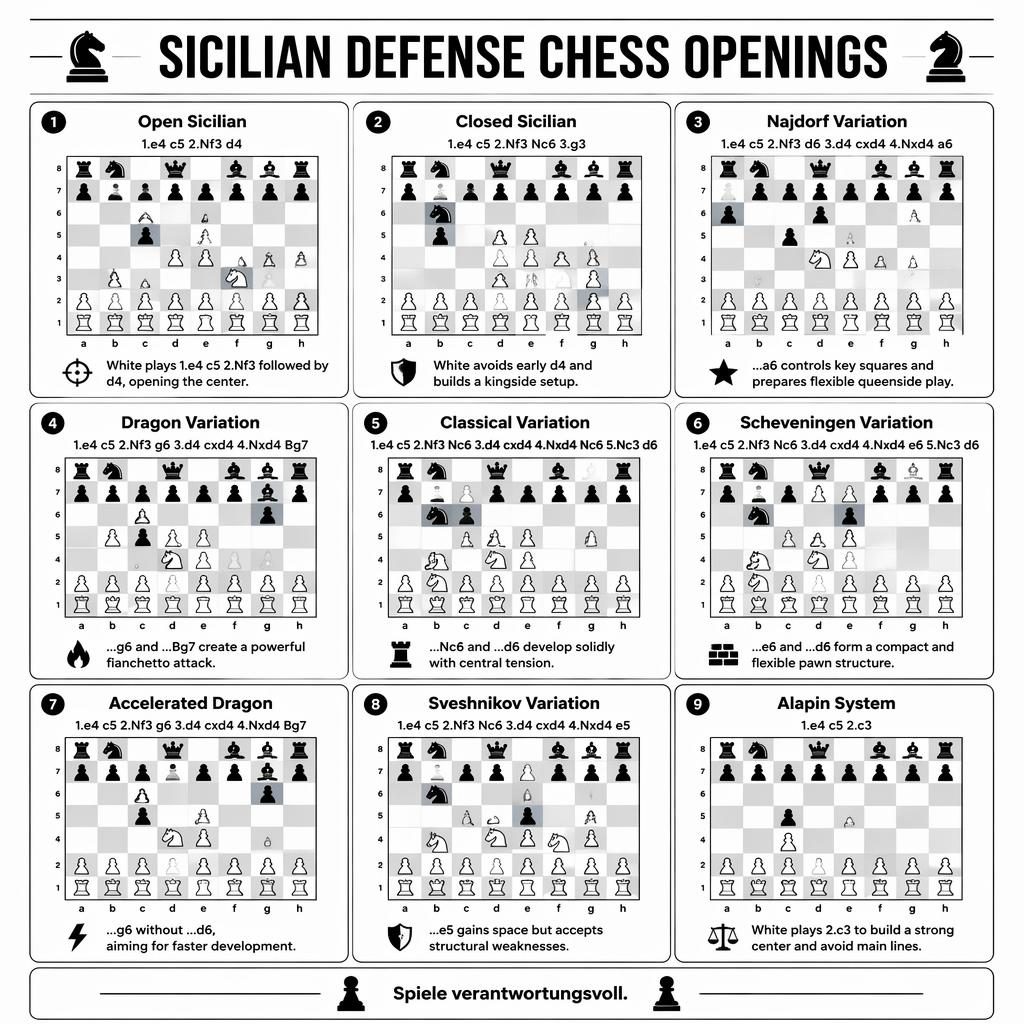 Minimalistische 3x3-Infografik zu sizilianischen Schach-Eröffnungen in Schwarzweiß mit 9 Karten und Fußnote.