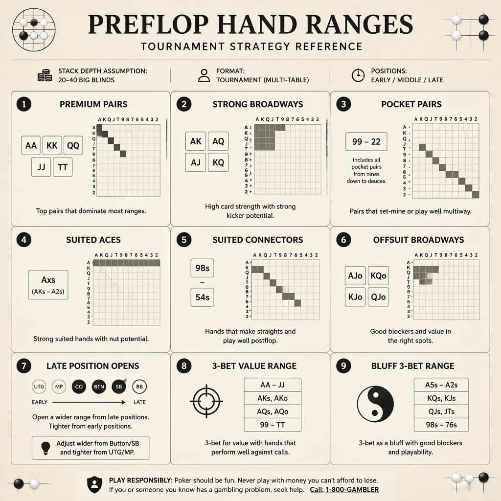 Monochrome infographic grid of 9 poker strategy cards showing preflop hand ranges, positions, stack depth, and play notes.