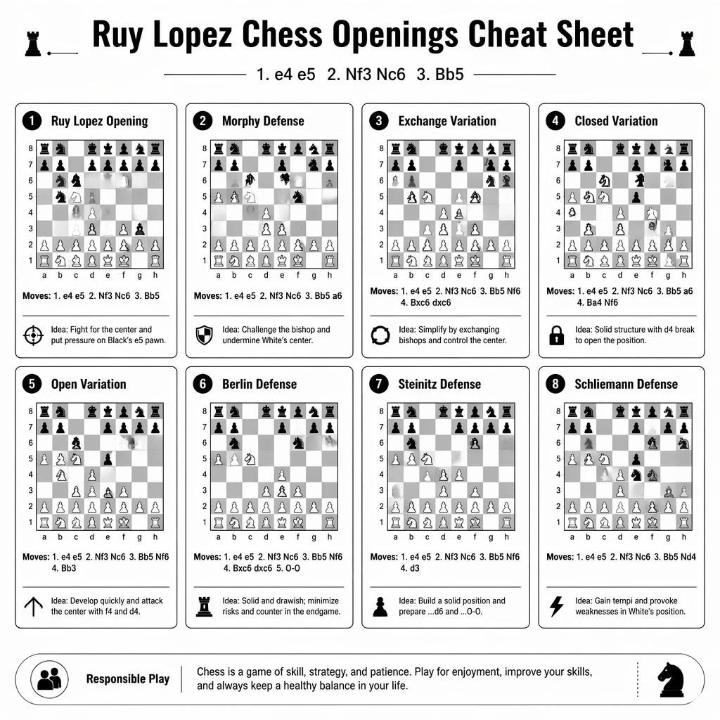 Black-and-white card grid infographic with 8 Ruy Lopez opening cards, chessboard diagrams, names, brief notes, and play note.