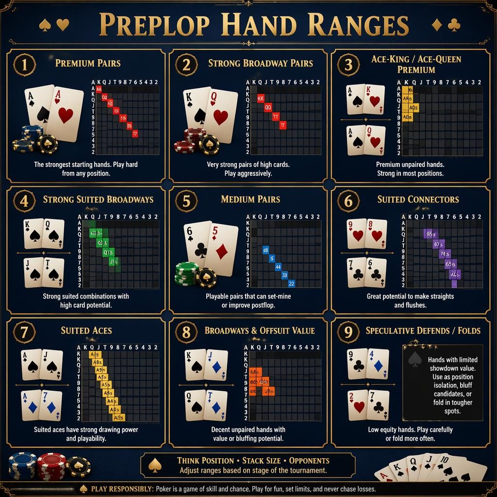 3x3 poker infographic grid showing 9 preflop hand range tiers in royal blue and gold with card icons, labels, and notes