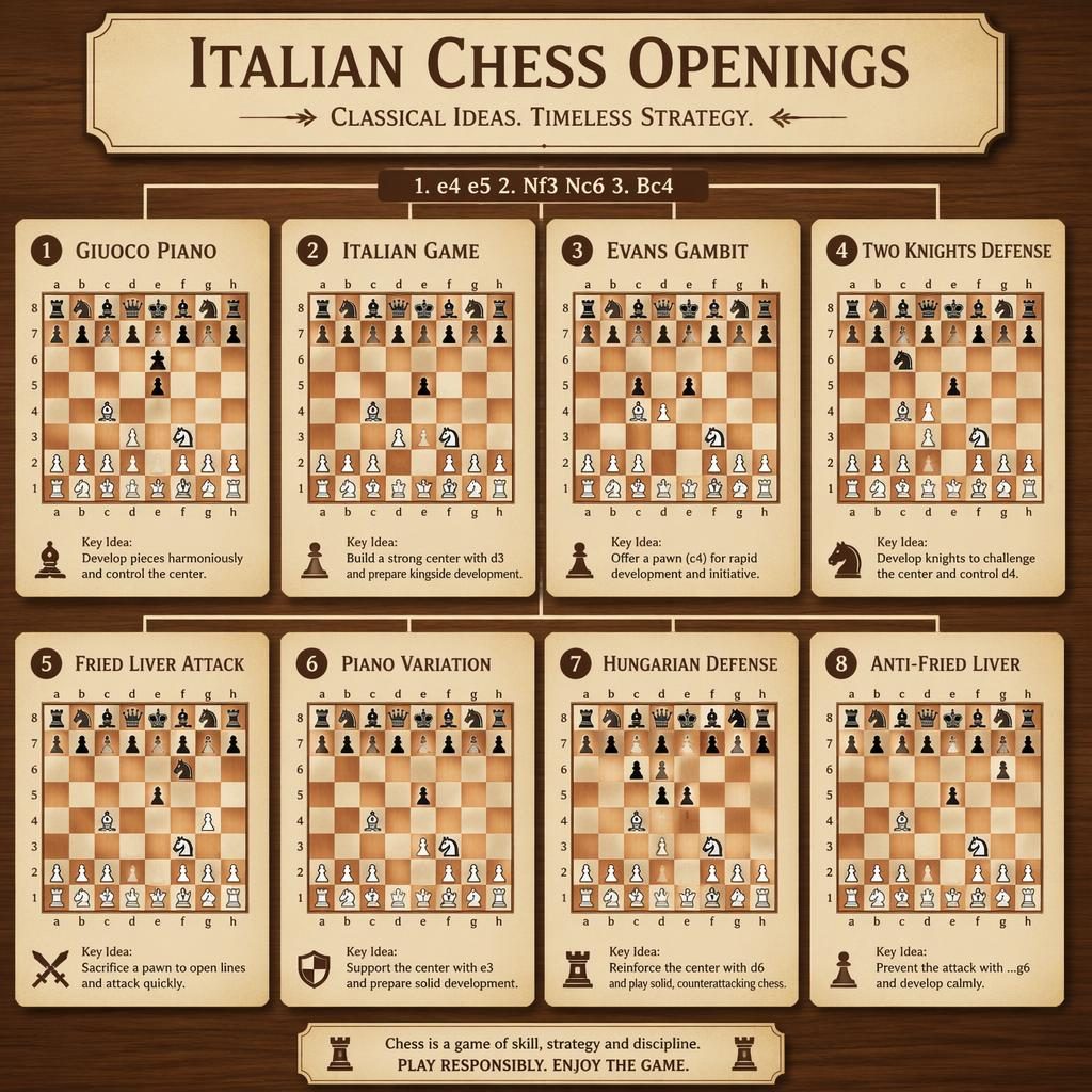 Editorial infographic of 8 Italian chess opening cards in a clean grid on warm wood and cream, with chessboard diagrams and labels.