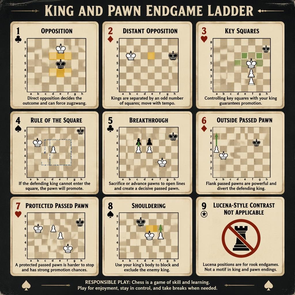 3x3 card-grid infographic of king and pawn endgame concepts in a vintage 1970s manual style with chess diagrams.