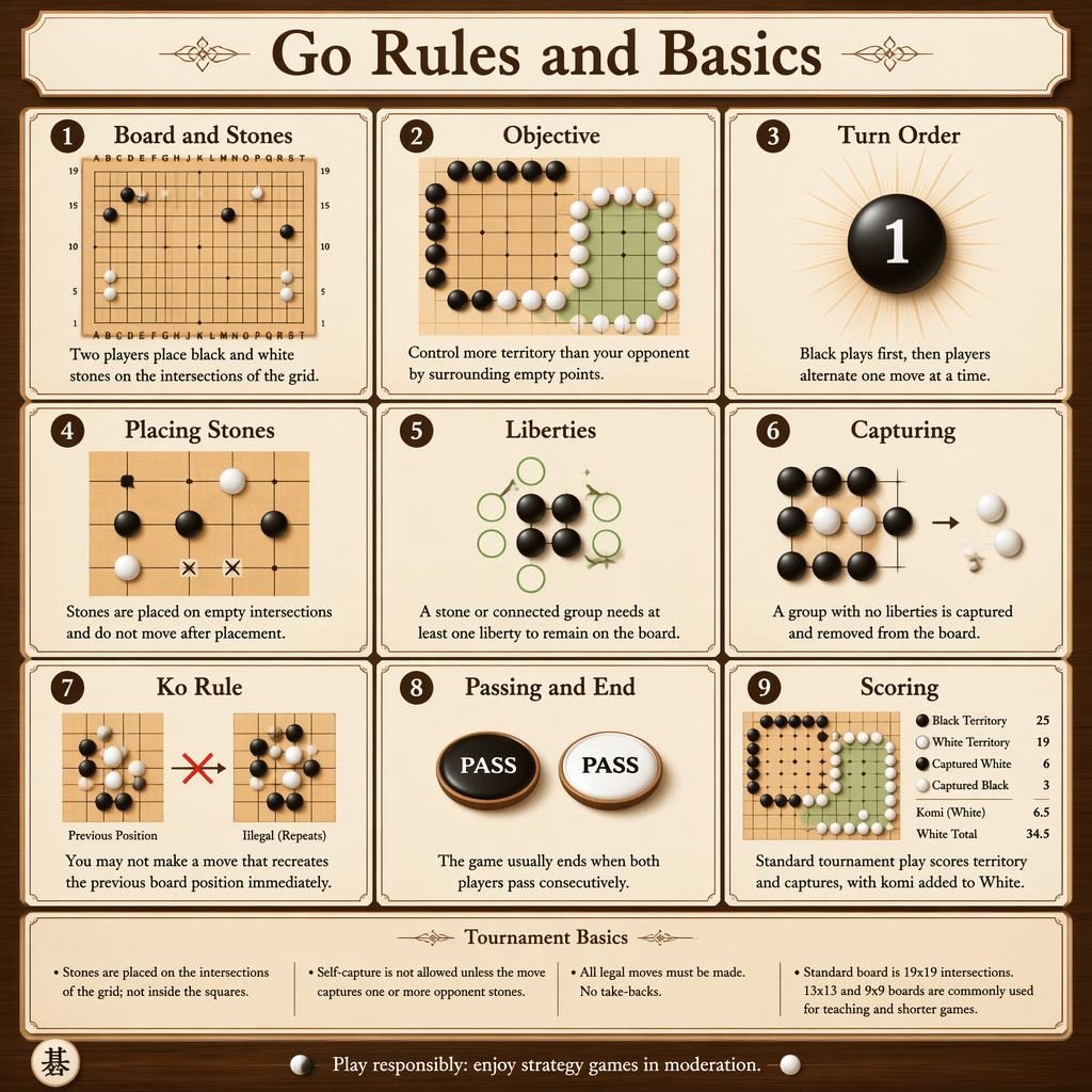 Editorial infographic grid of 9 Go rules cards with board diagrams, icons, footer notes, and warm wood cream styling.