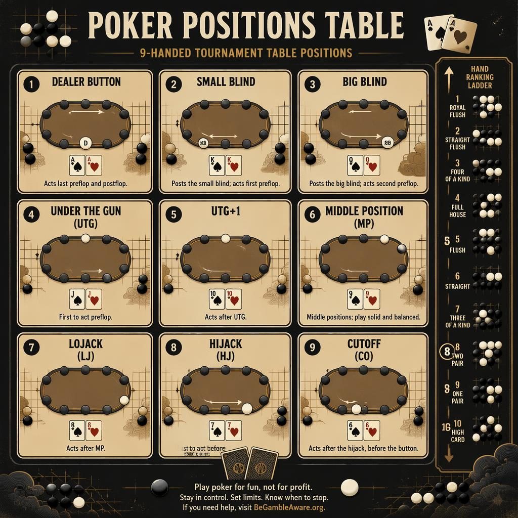 Vintage-style infographic grid of 9 poker position cards with go-inspired motifs, arrows, seat markers, and hand ladder side motif.