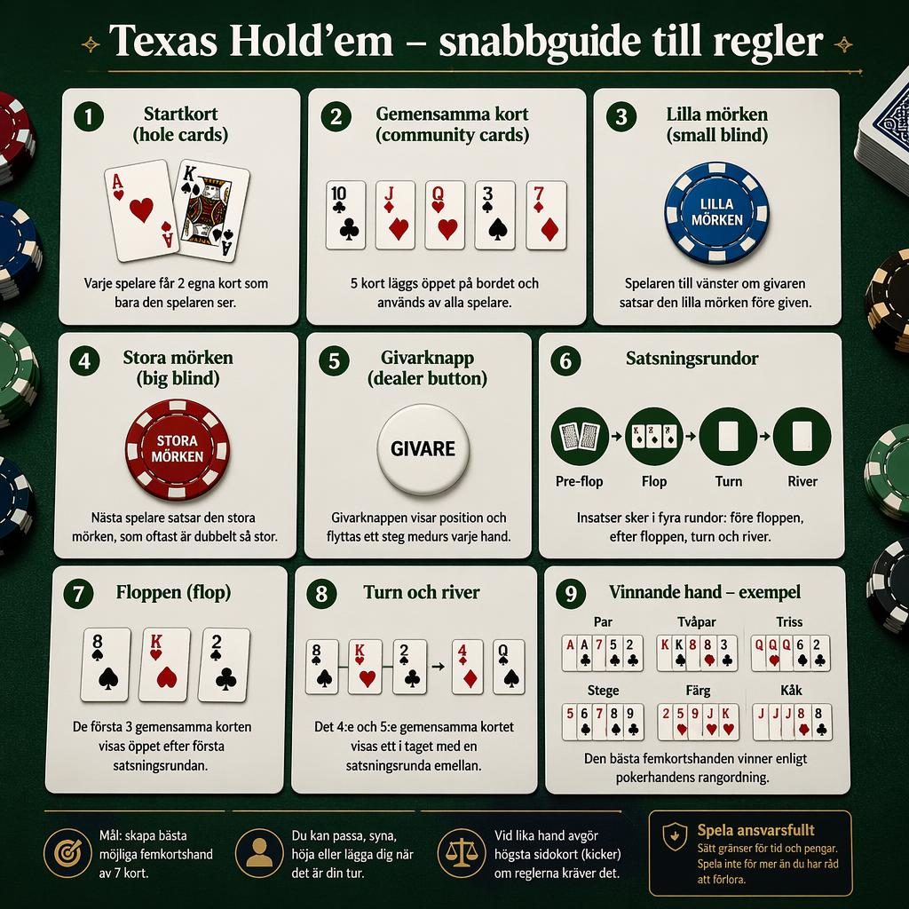 Infografik med 9 kort i rutnät på grön pokerfilt som förklarar texas holdem-regler på svenska med marker.