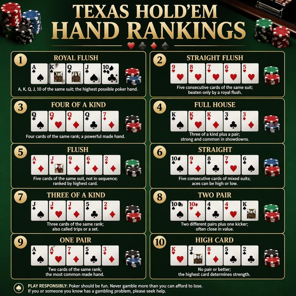 Infografik mit 10 Pokerkarten-Rängen von Royal Flush bis High Card auf grünem Filztisch mit Chips und englischen Labels