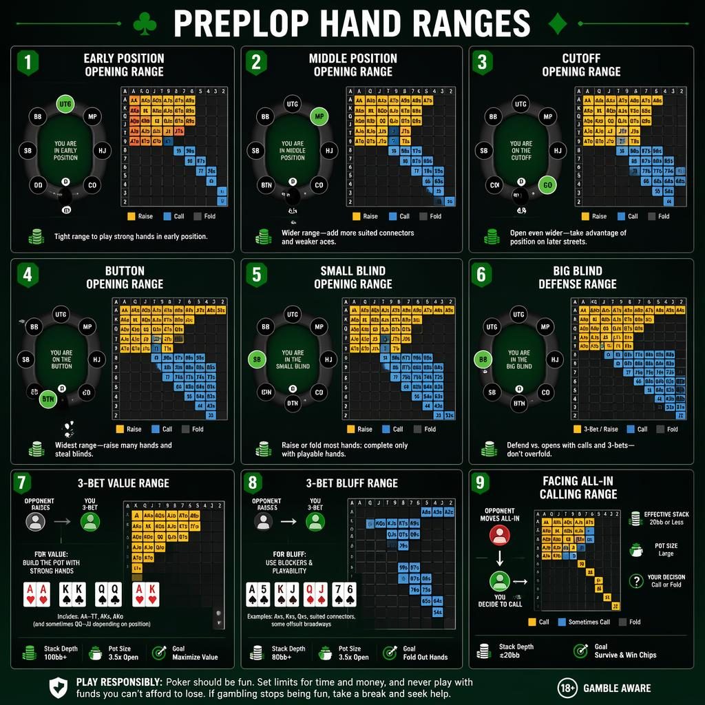 Dark-mode 3x3 poker infographic grid with 9 cards showing preflop ranges, charts, arrows, position diagrams, and notes.