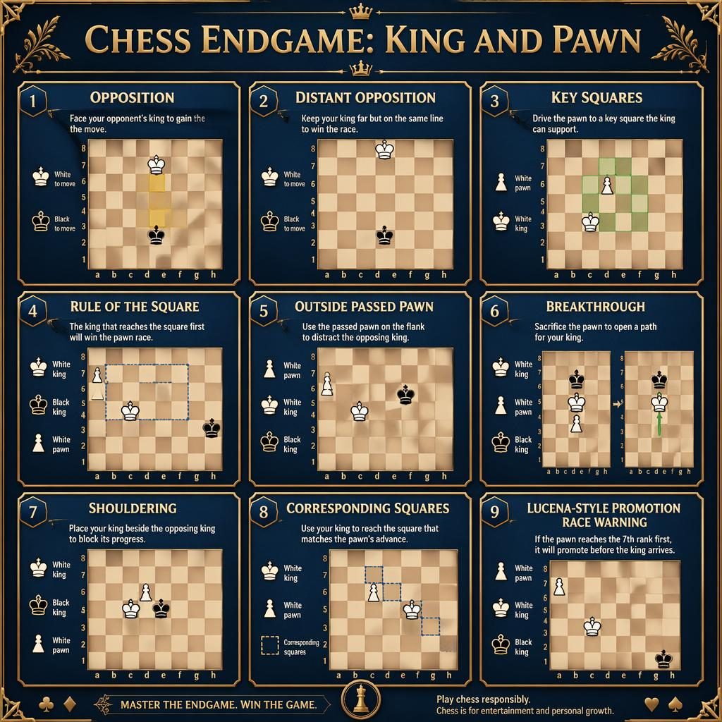 3x3 card-grid infographic of king and pawn chess endgames in royal blue and gold, with board diagrams and English labels.