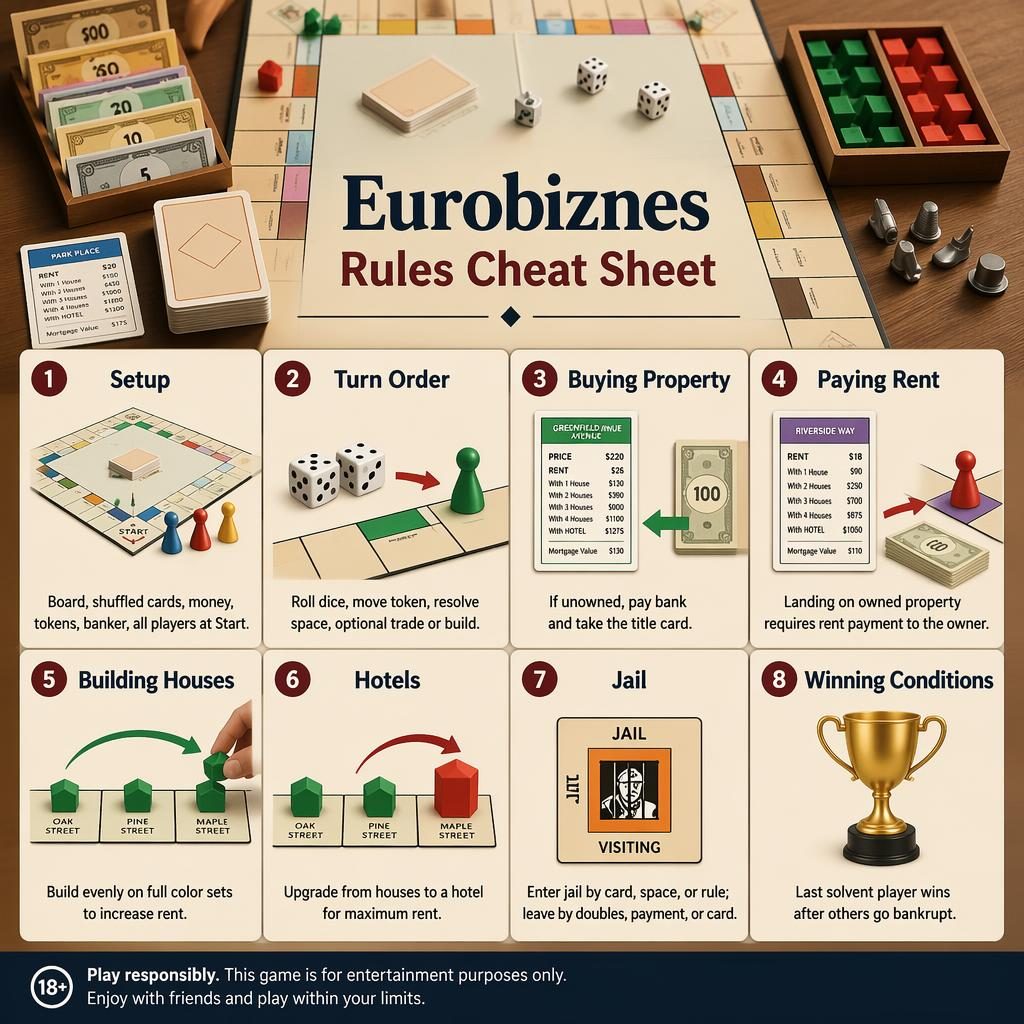Infografika z 8 kartami zasad Eurobiznes na drewnianym stole z planszą, pieniędzmi, kośćmi i pionkami.