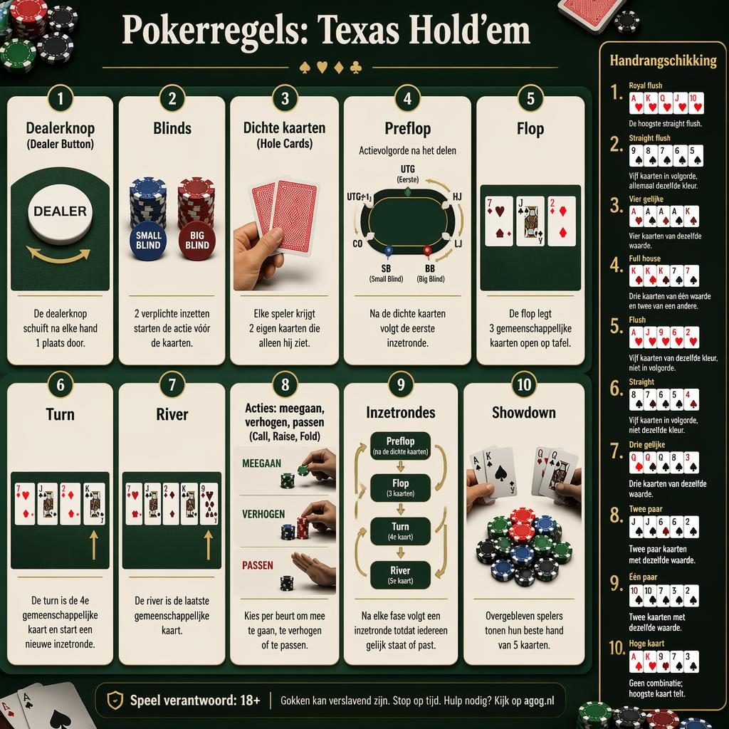 Infographic met 10 kaarten over Texas Hold'em op groen vilt, plus zijbalk met handrangschikking, fiches en voorbeeldkaarten.