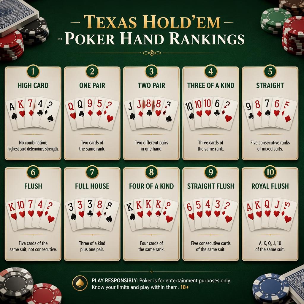 Infografika s 10 kartami pokerových kombinací Texas Hold’em na zeleném filcu, od High Card po Royal Flush.