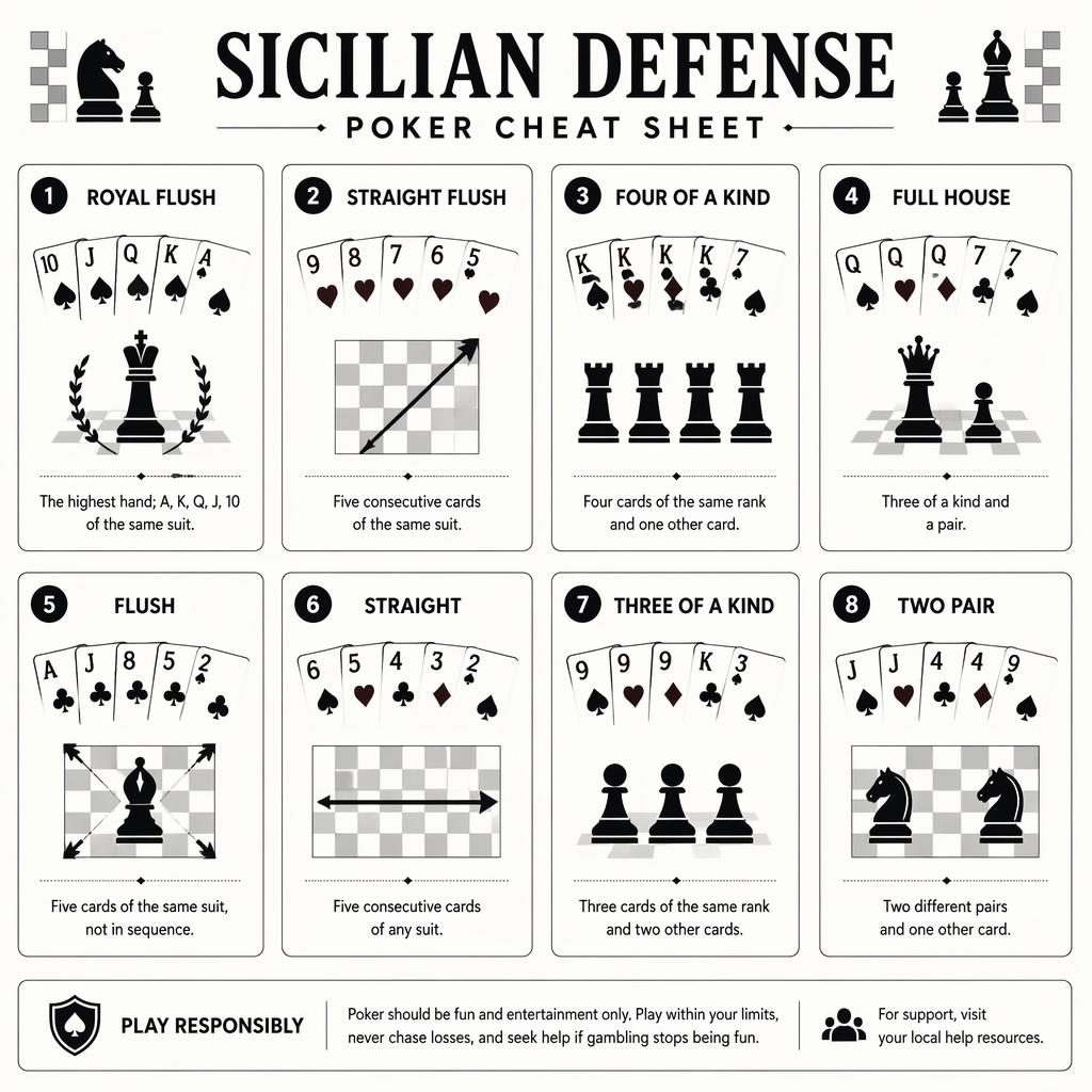 Black and white card-grid infographic of 8 poker hands with Sicilian Defense chess icons and a responsible-play note.
