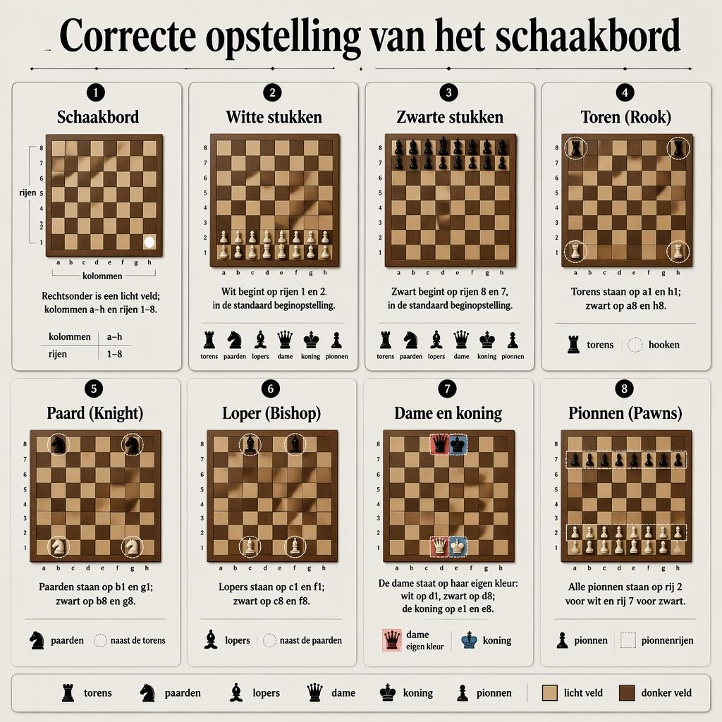 Infographic met 8 kaarten over de correcte opstelling van het schaakbord en alle schaakstukken in zwart-wit.