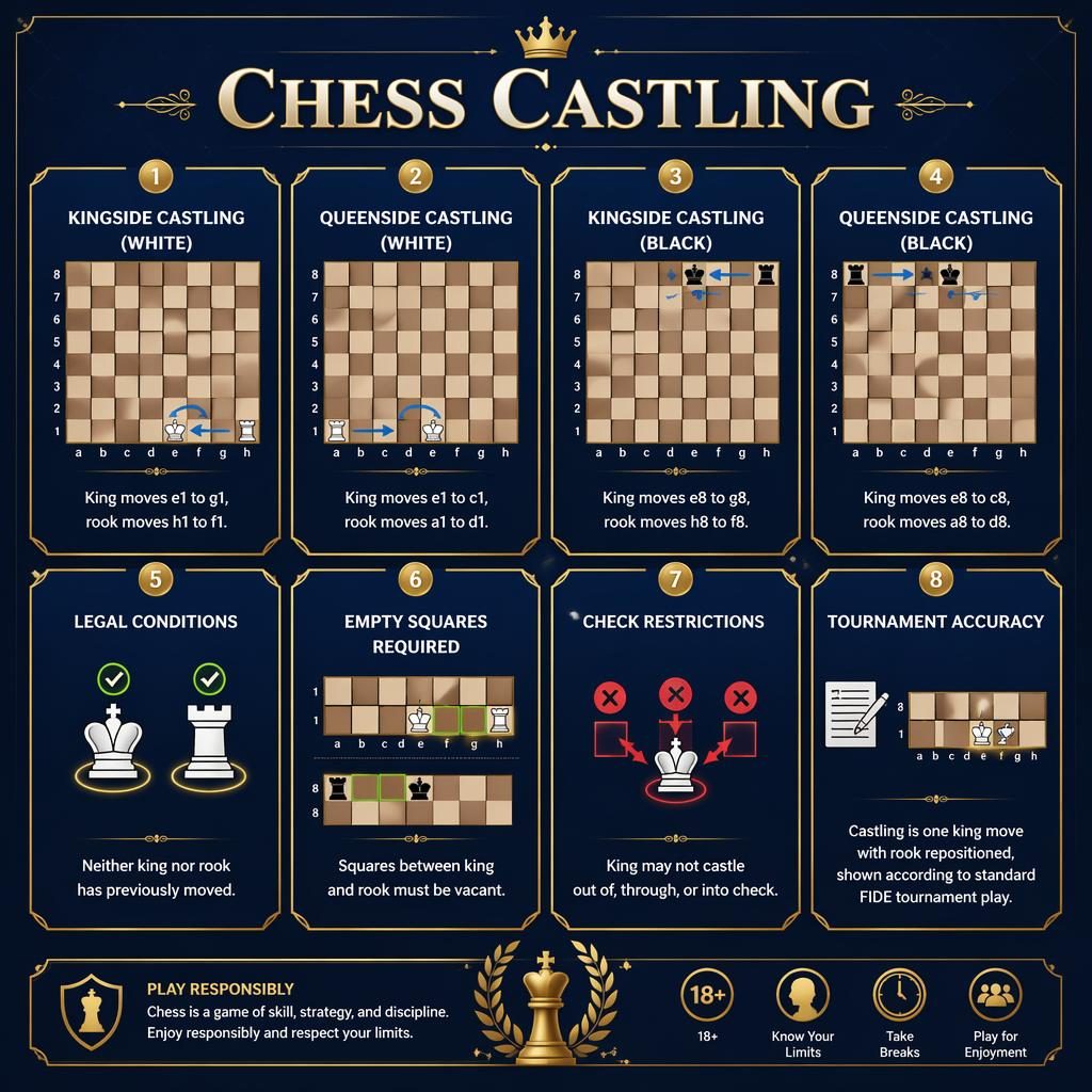 Eight-card Chess Castling infographic grid with board diagrams, gold borders, English labels, and a responsible-play note