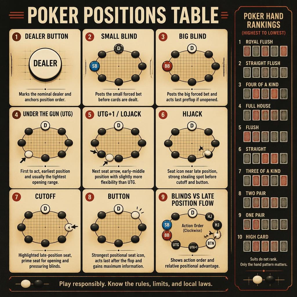 Grid infographic of 9 poker position cards with go-style markers, dark vintage manual design, and responsible-play note.