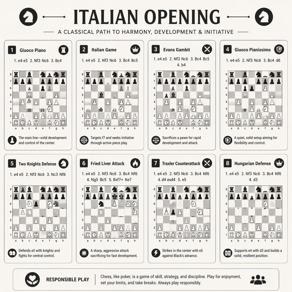 Monochrome card-grid infographic of 8 Italian Opening chess lines with board icons, names, short notes, and a responsible-play note.