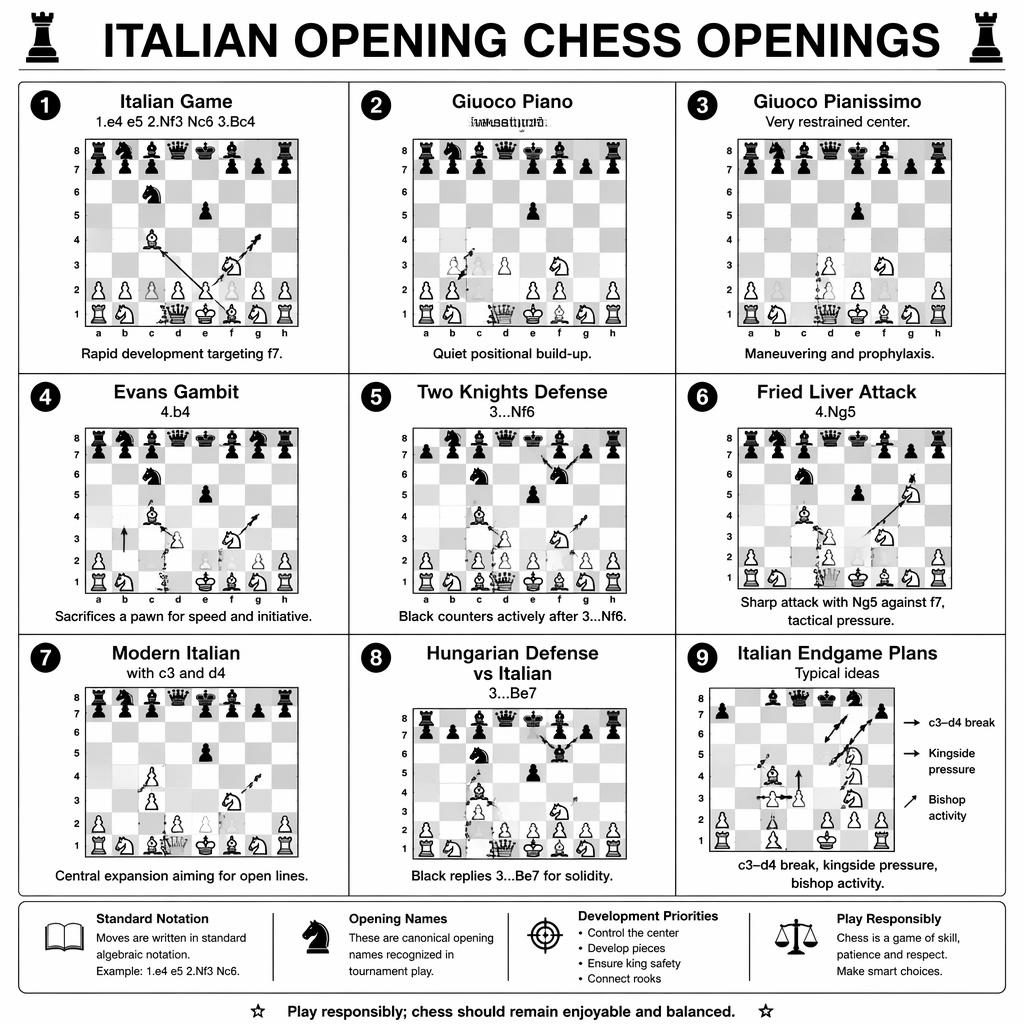 Black and white 3x3 infographic grid of Italian Opening chess lines with board diagrams, arrows, English labels, and footer note.