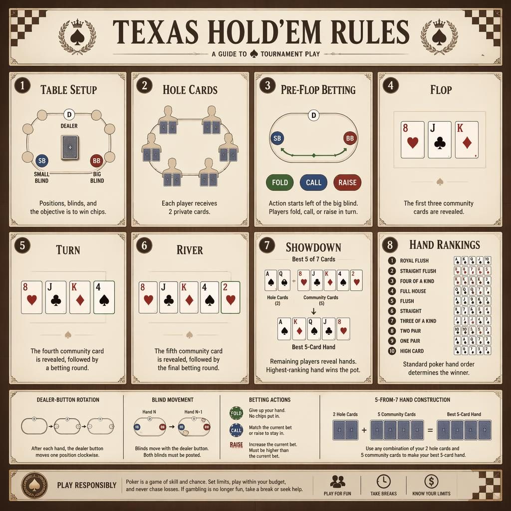 Card-grid infographic of Texas Hold'em rules with 8 ivory cards, wood tones, poker icons, chess motifs, and pokerhands ranking.