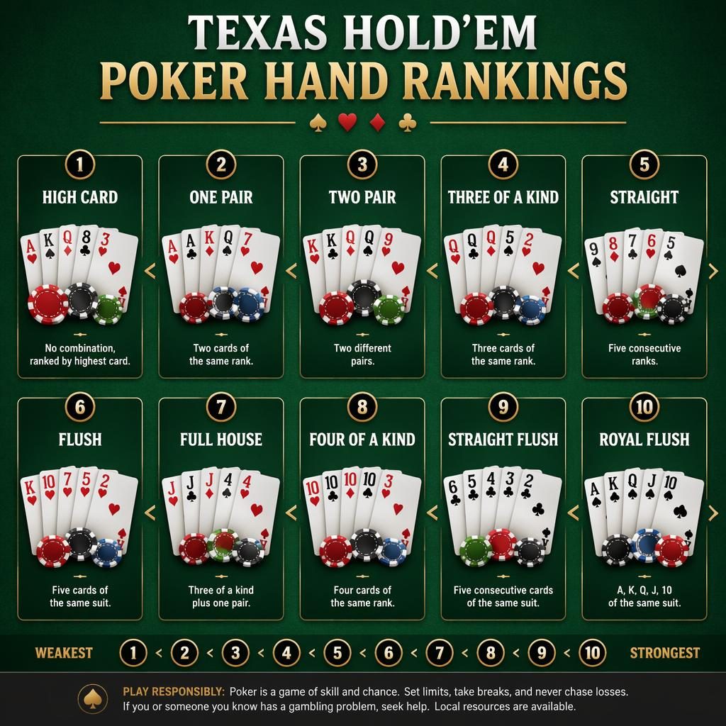 Infografik mit 10 Pokerhand-Karten im Raster auf grünem Filz, von High Card bis Royal Flush, mit Chips und Rangsymbolen.