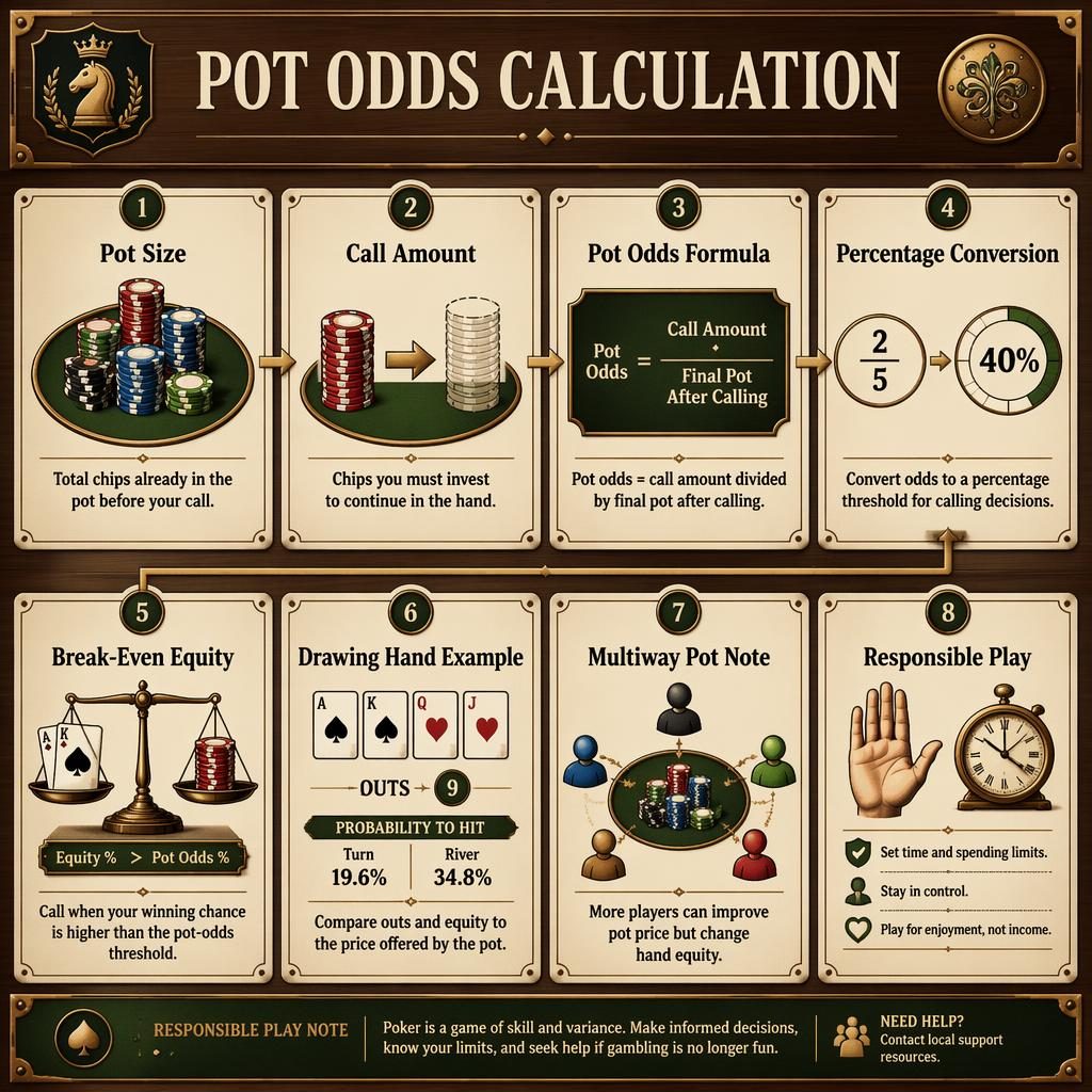 Eight-card poker strategy infographic grid in warm wood and cream, showing pot odds calculation icons, diagrams, and flow lines.