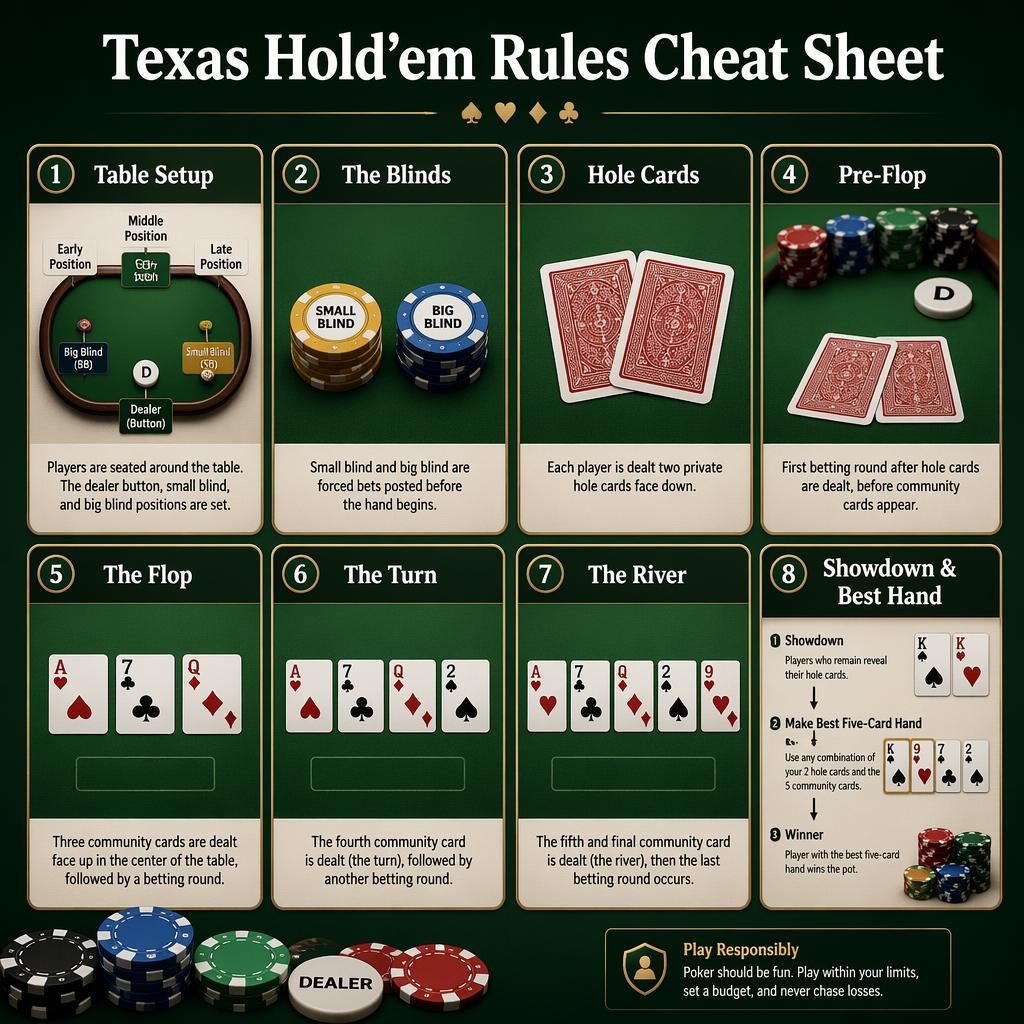 Infografik mit 8 Poker-Regelkarten im Raster auf grünem Filz, mit Chips, Karten, Dealer-Button und englischen Labels.