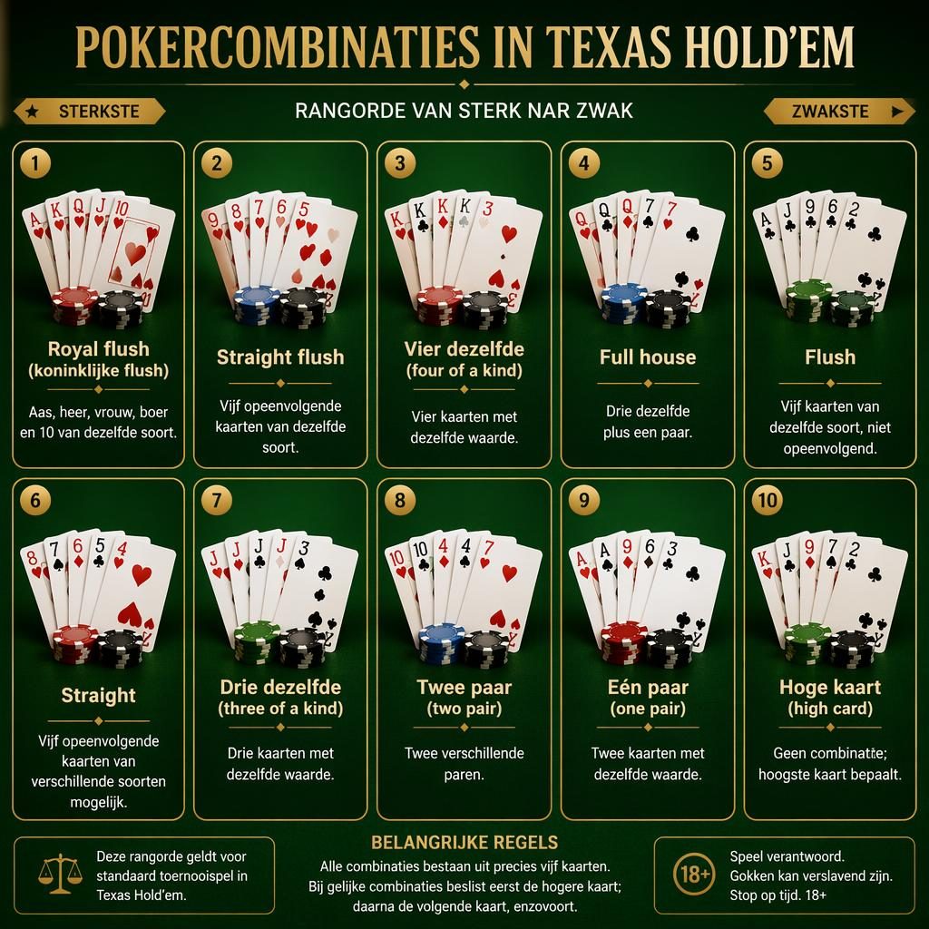 Infographic met 10 poker combinaties in raster op groene vilten tafel, van sterkste tot zwakste, met Nederlandse uitleg.