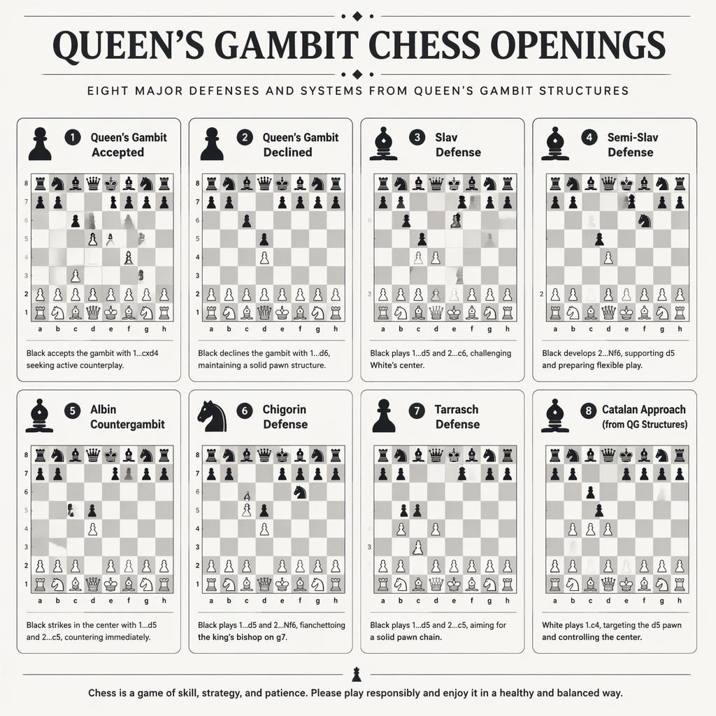 Minimal monochrome poster with 8 cards showing Queen's Gambit chess openings, board diagrams, icons, labels, and notes.