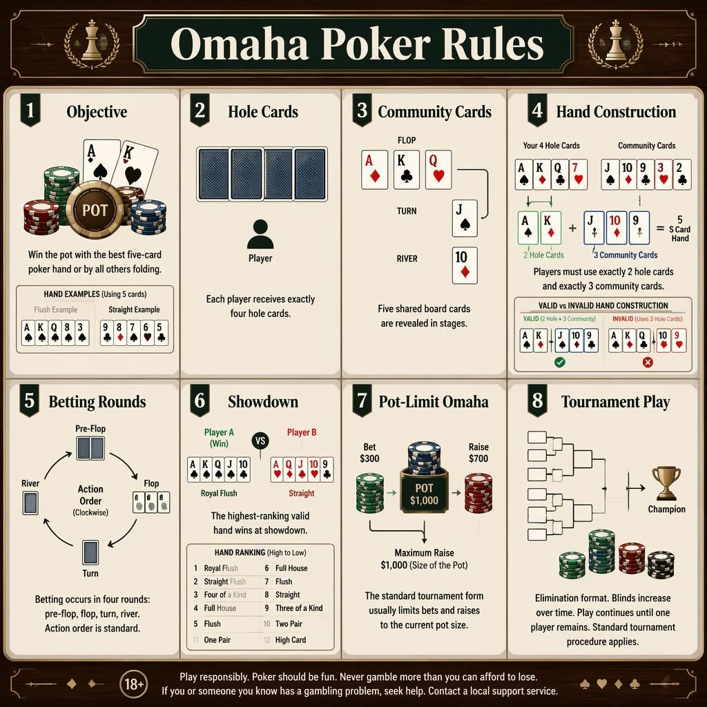 Editorial card-grid infographic on Omaha poker rules with 8 cream cards, poker icons, mini hand diagrams, and chess-club styling.
