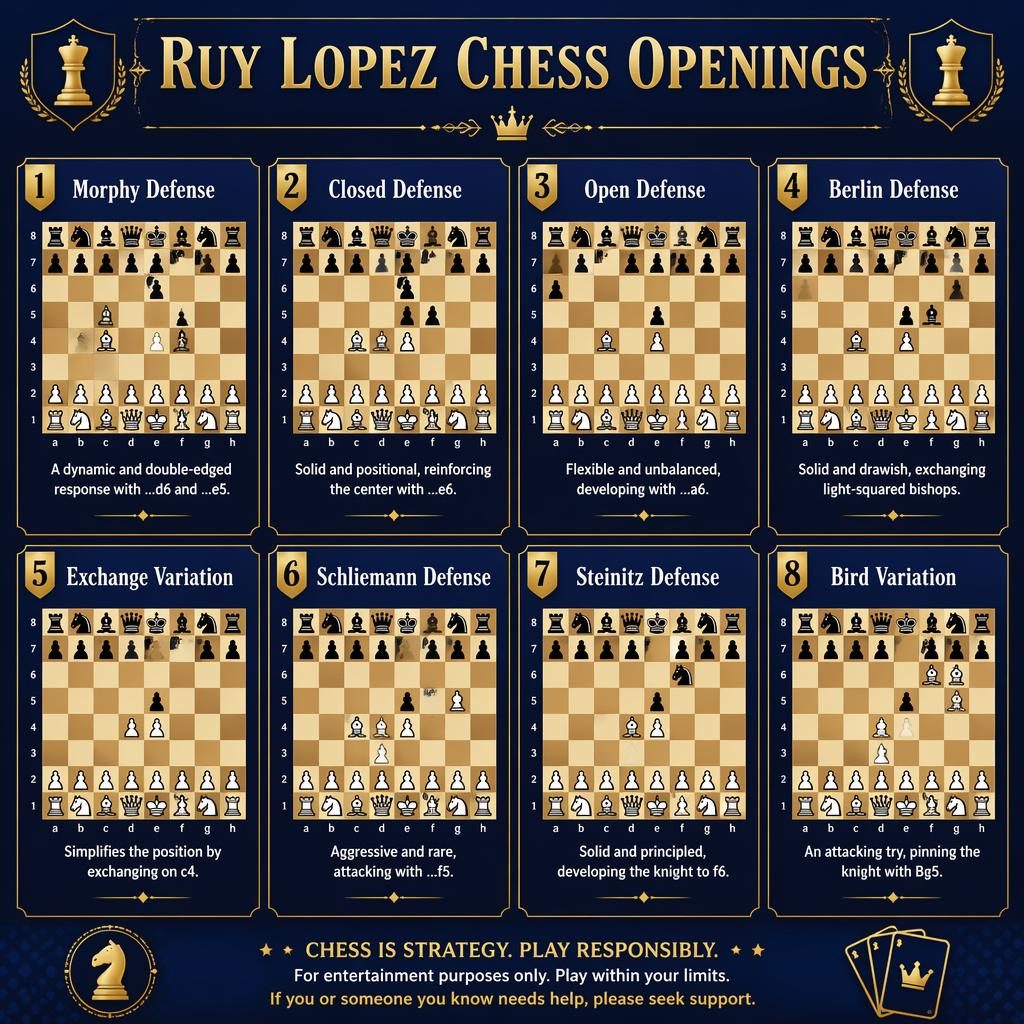 8-card grid infographic of Ruy Lopez chess openings in royal blue and gold, with labeled board diagrams and notes