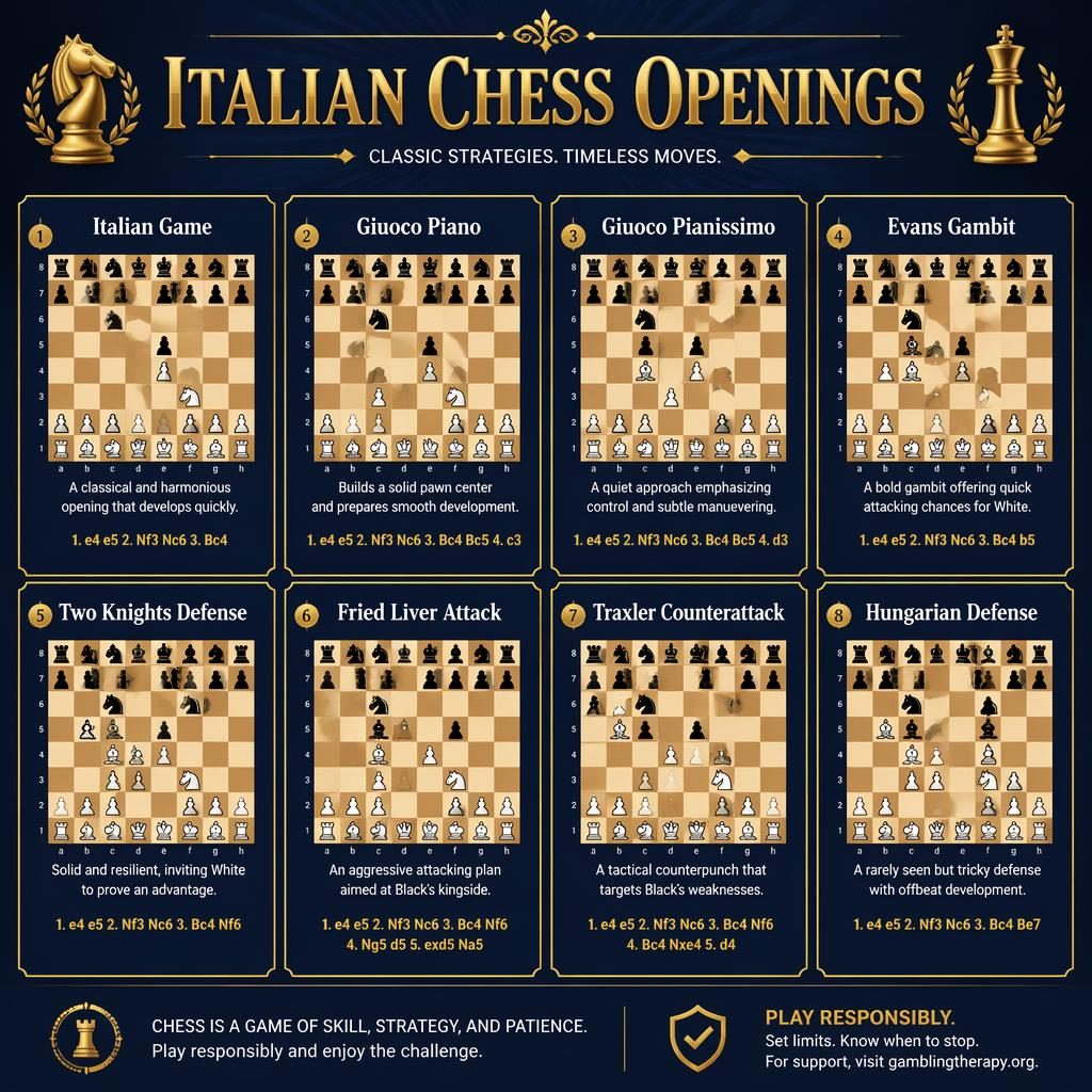 Editorial card-grid infographic of 8 Italian chess openings in royal blue and gold with board diagrams and English labels.