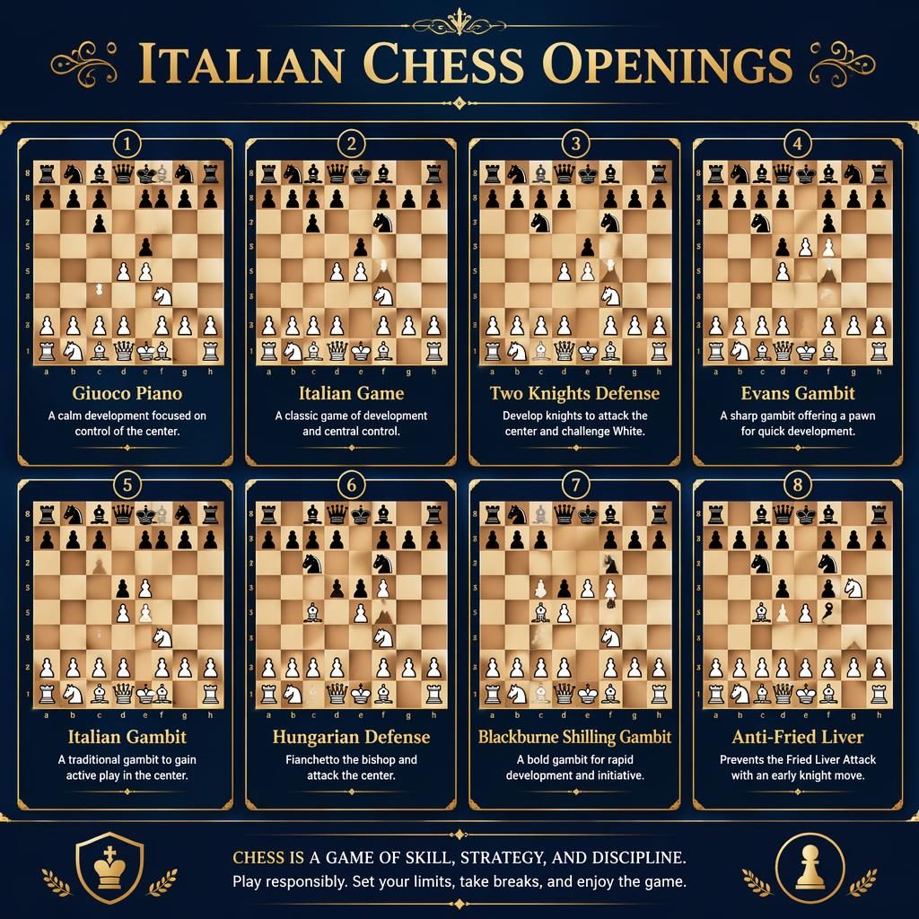 Editorial-style infographic grid of 8 Italian chess opening cards with accurate board diagrams in royal blue and gold.