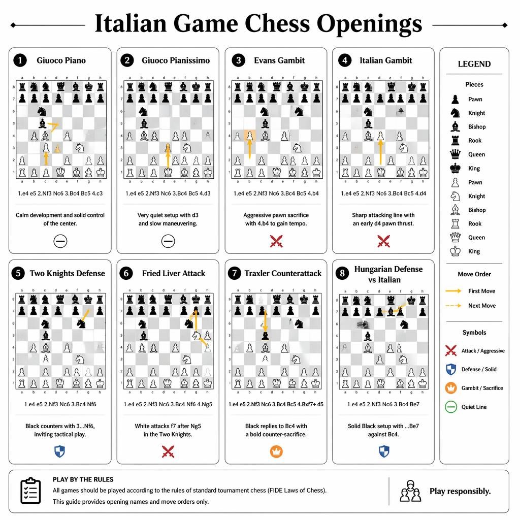 Black-and-white infographic grid of 8 Italian chess opening cards with board diagrams, move paths, legend panel, and footer.