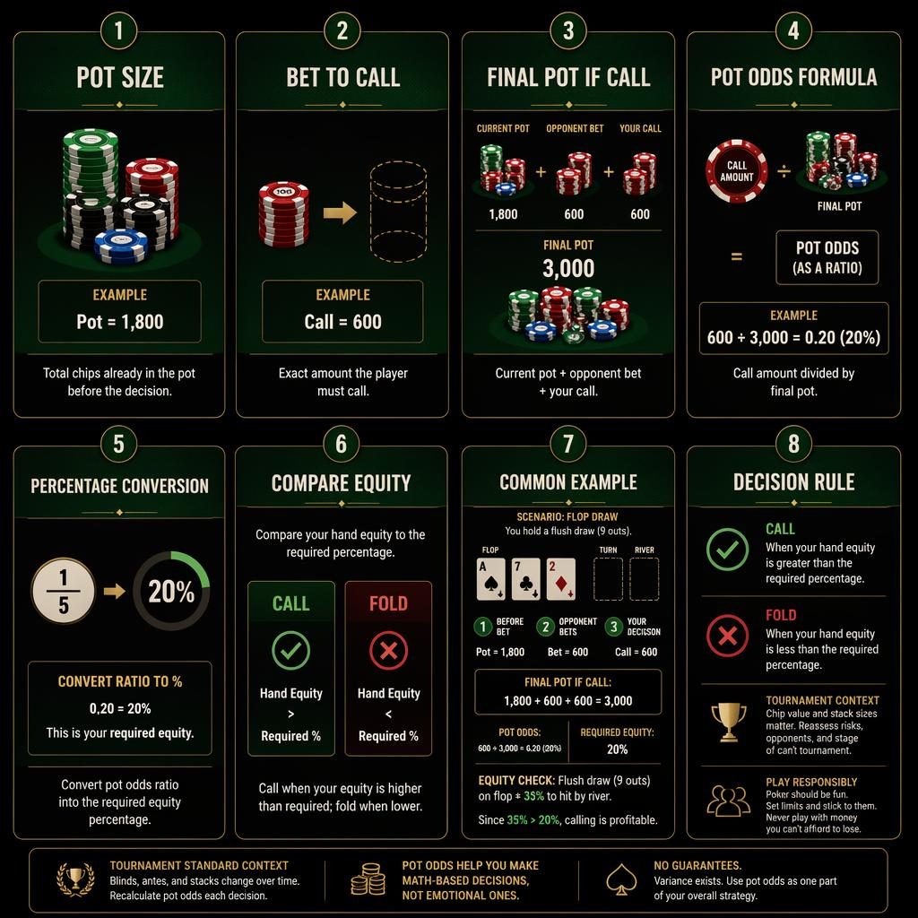 Dark mode 8-card grid infographic on pot odds calculation with poker icons, green felt accents, equations, example board, and rule card.