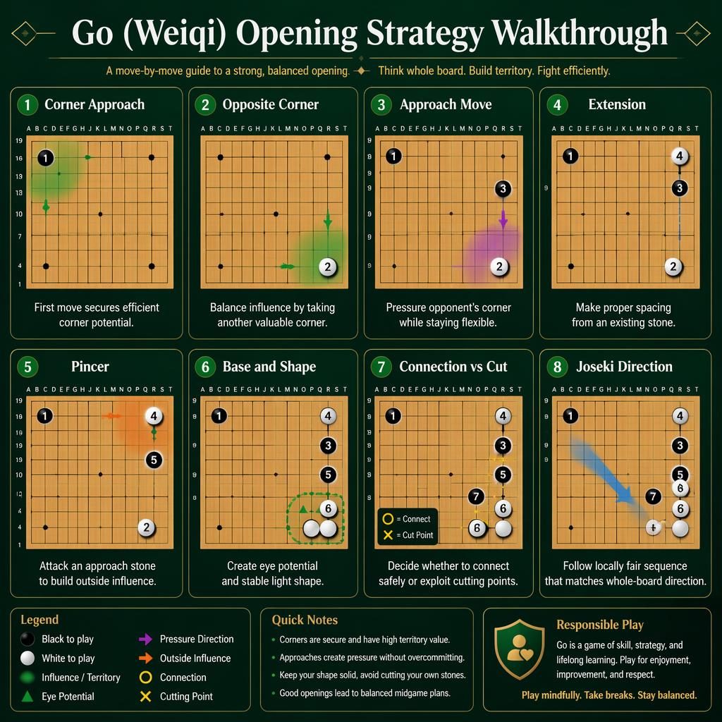 Dark-mode infographic with 8 Go opening strategy cards in a green felt grid, mini boards, move markers, arrows, and notes.