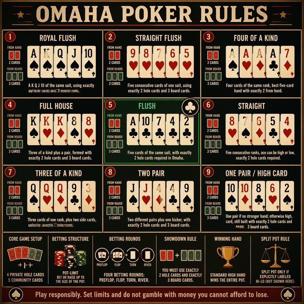 Vintage-style Omaha Poker Rules infographic with 9 ranking cards, dark palette, flush and straight flush same-suit icons.
