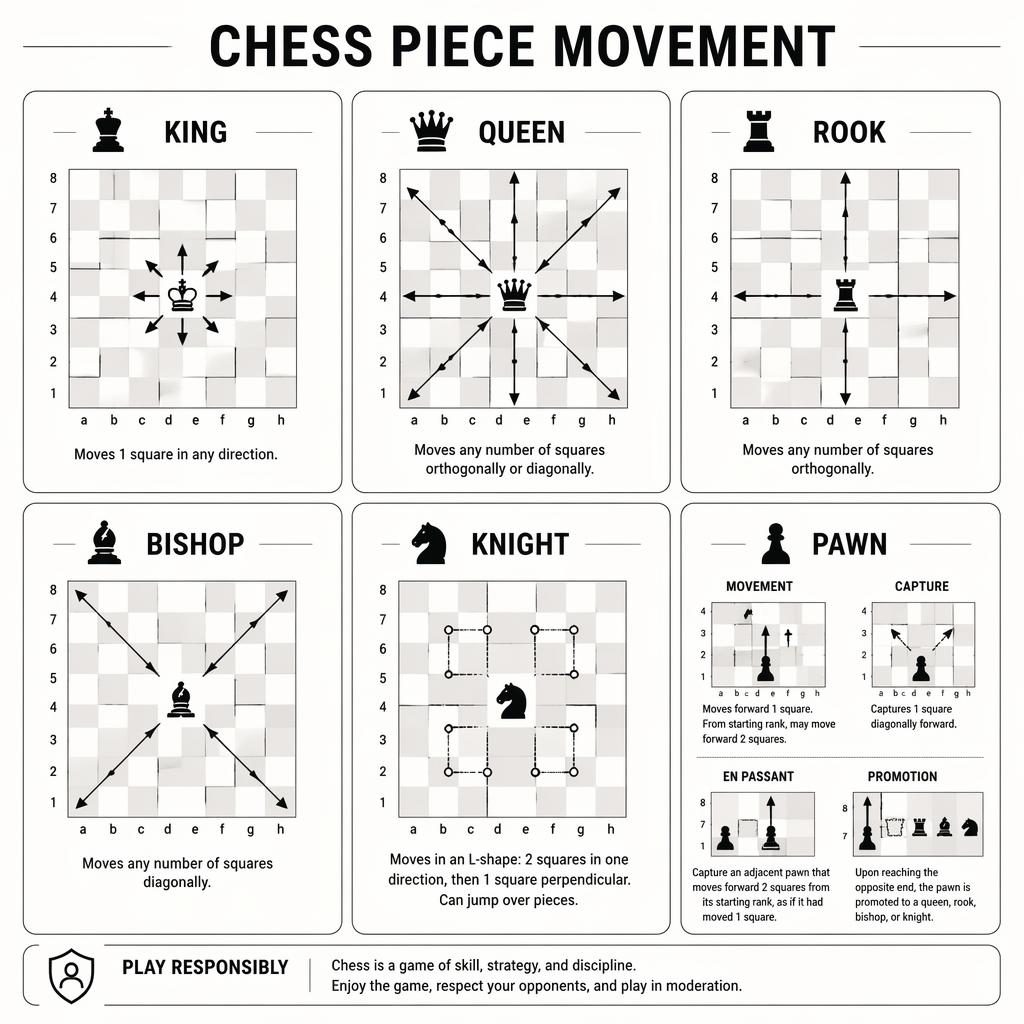 Monochrome infographic grid of 6 chess movement cards: King, Queen, Rook, Bishop, Knight, and Pawn rules.