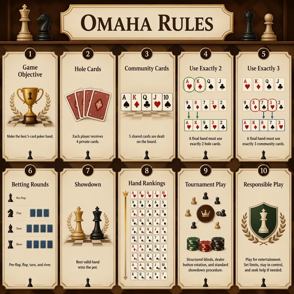 Chess-club-style Omaha rules infographic with 10 cards, bracket grid, poker icons, hand rankings, tournament and responsible play notes.