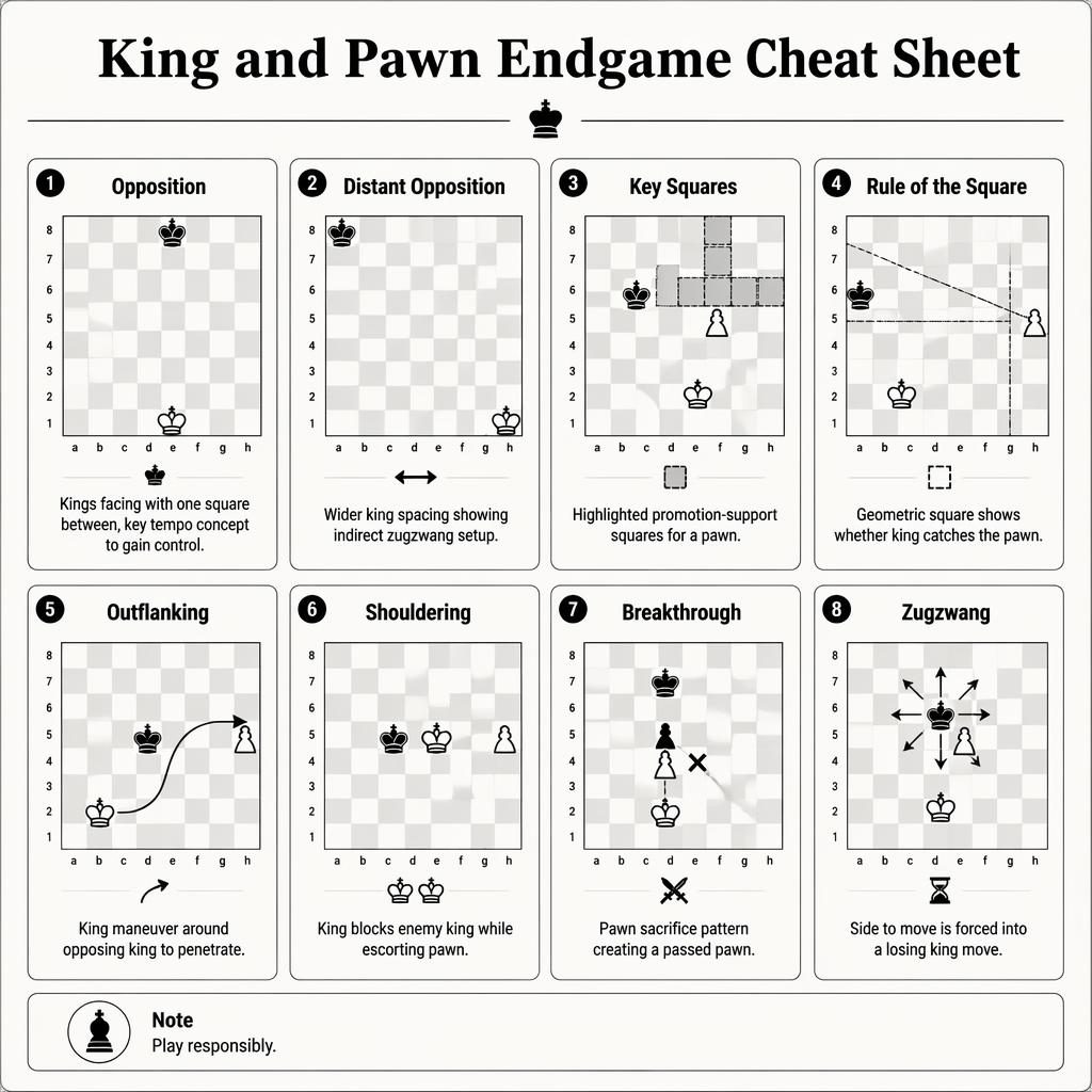 Black-and-white infographic grid of 8 chess endgame cards with mini board diagrams, arrows, labels, and Play responsibly note.