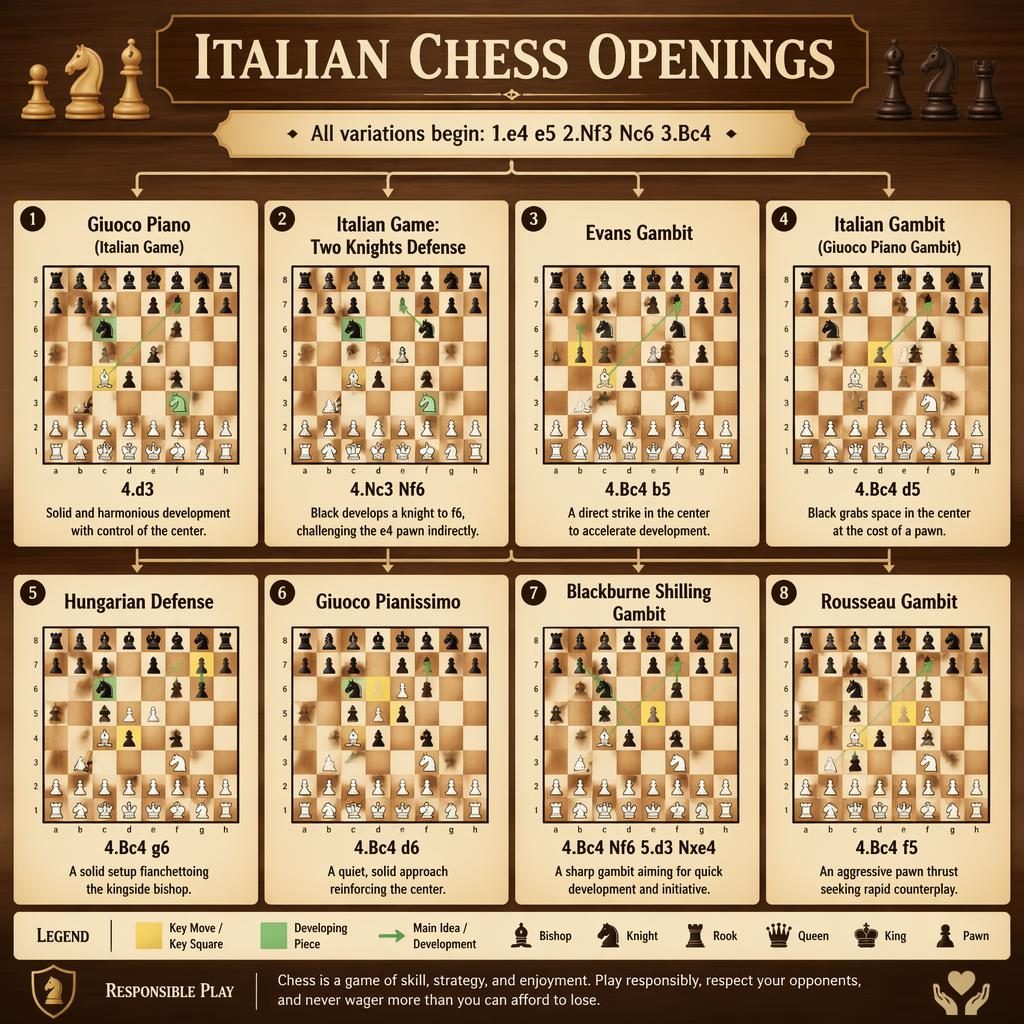 Infographic poster of 8 Italian Chess Openings cards in a bracket-style grid with chess diagrams, arrows, cream panels, and wood background.