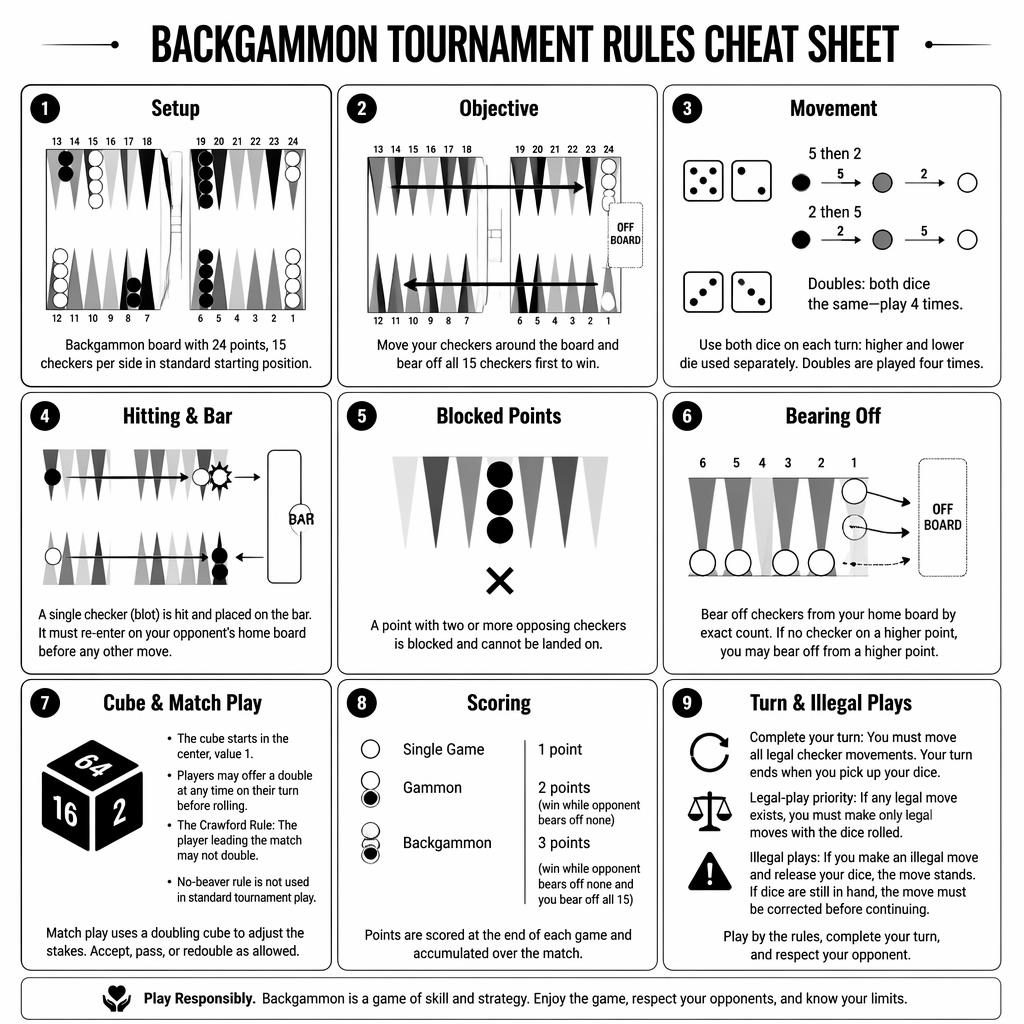 Black-and-white infographic grid of 9 backgammon tournament rule cards with diagrams, icons, English labels, and footer note.