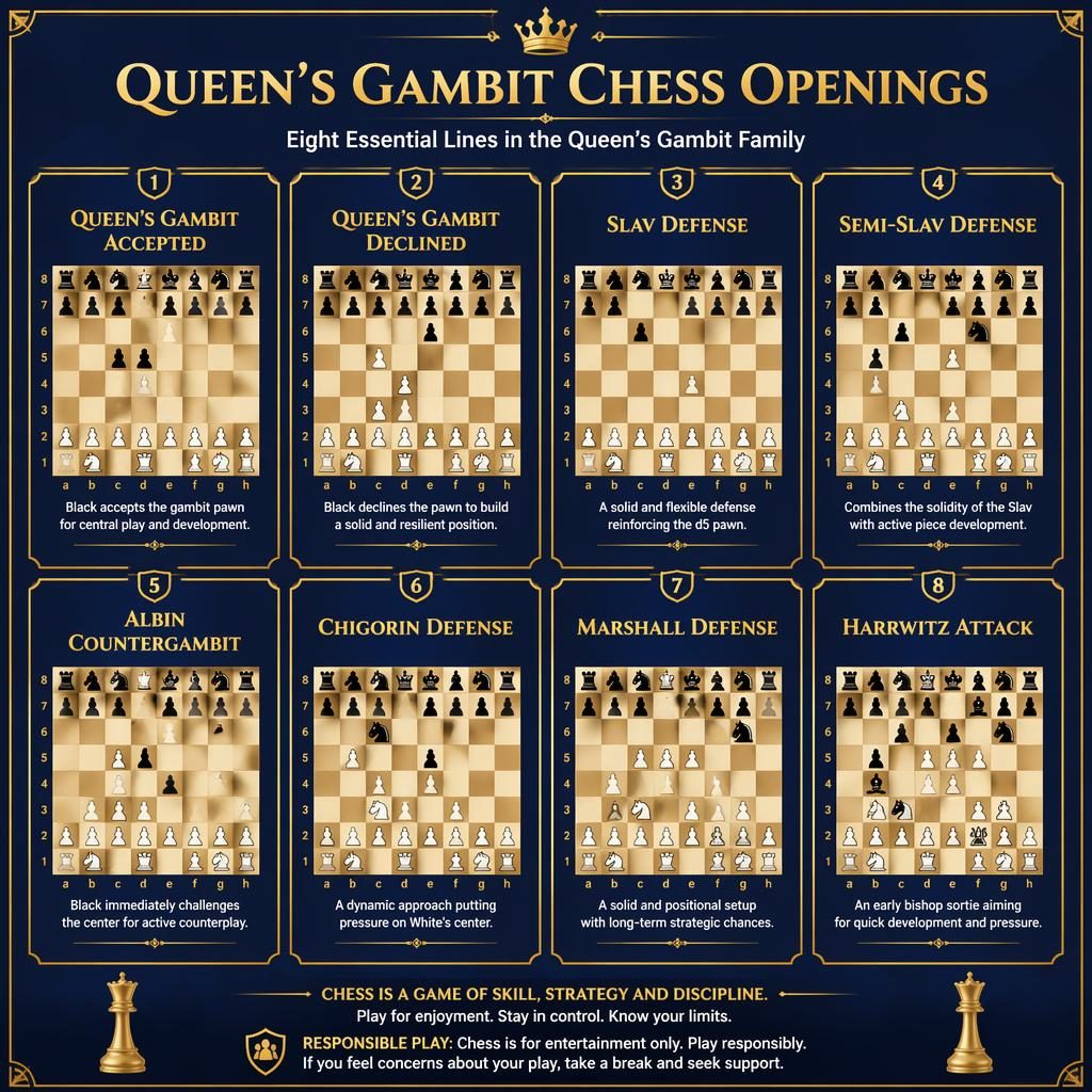 Editorial-style grid infographic of 8 Queen's Gambit opening cards in royal blue and gold with chess diagrams and labels.