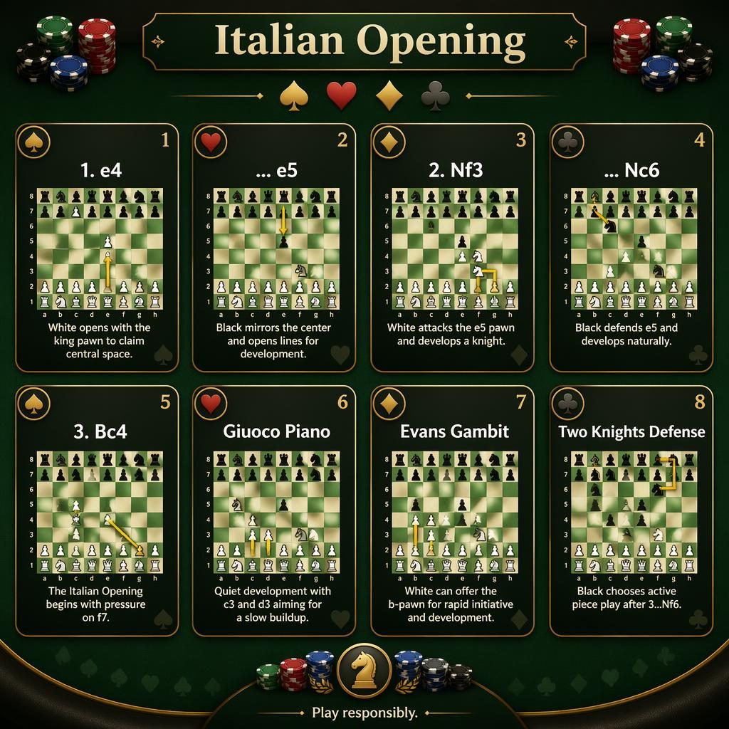 Dark-mode infographic card grid on the Italian Opening, with 8 chess move cards, green felt styling, suit icons, and arrows.