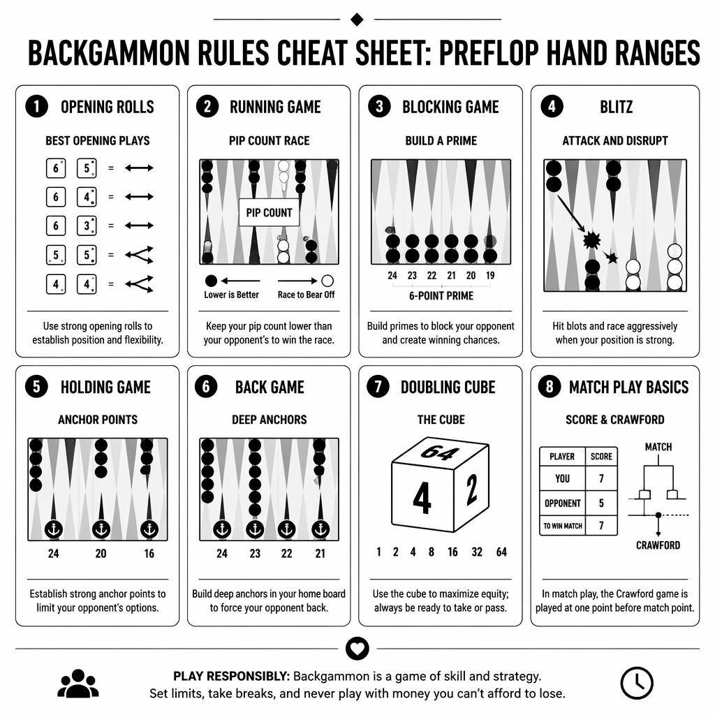 Minimal black-and-white 8-card backgammon rules infographic grid with dice, board diagrams, cube, anchors, race and blitz icons.